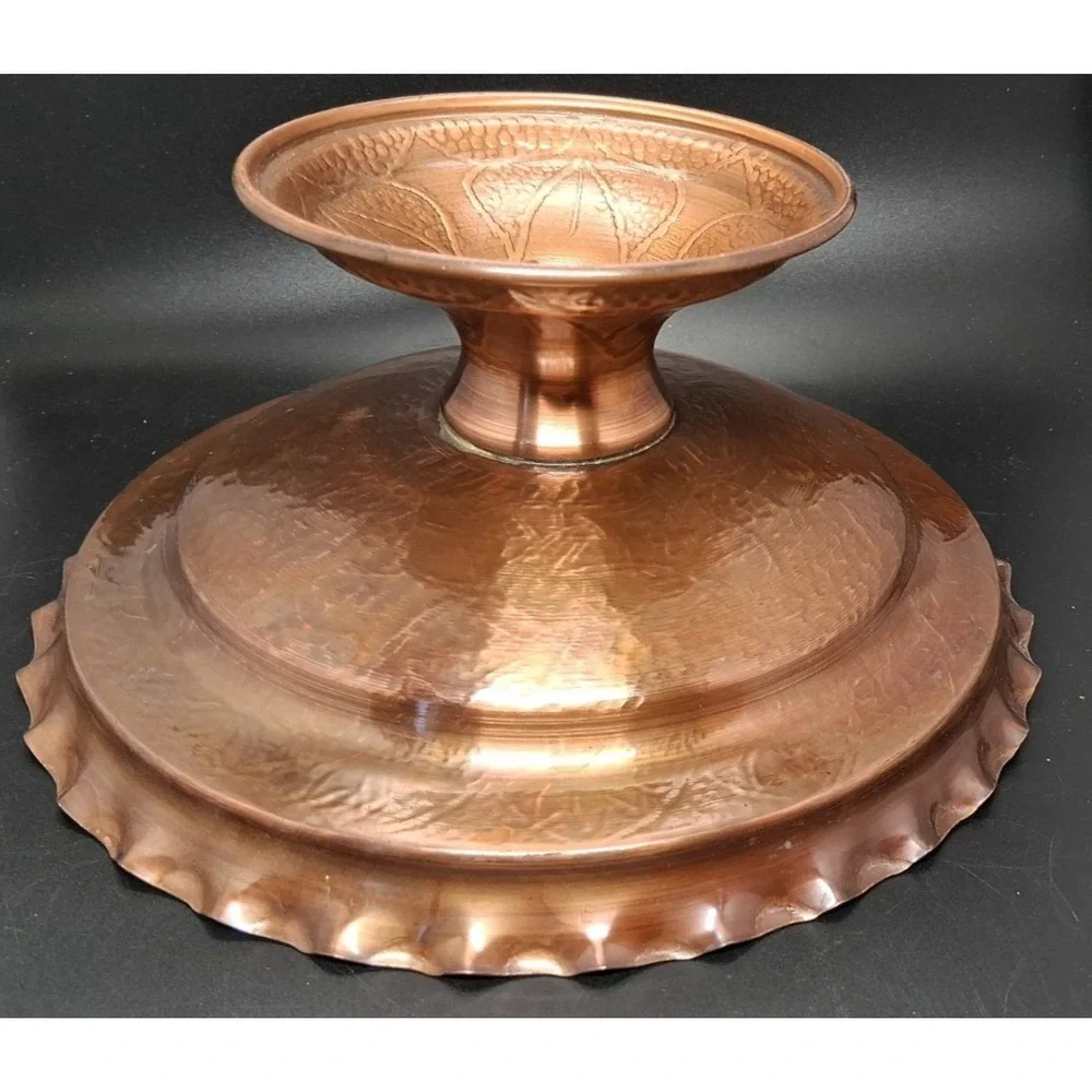Vintage Embossed Copper Pedestal Compote Bowl w/Scalloped Edge